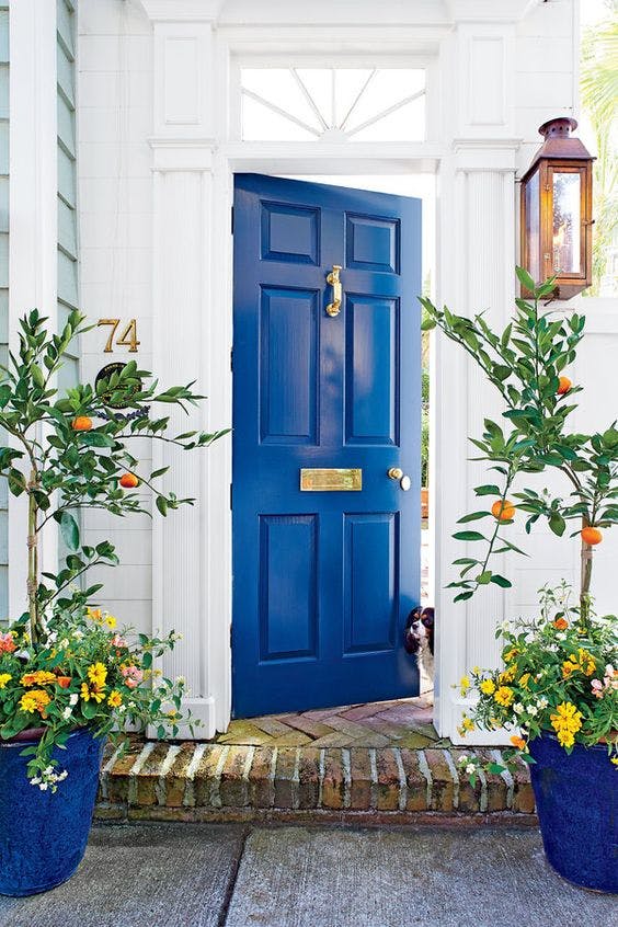 Блестящая золотистая табличка на синей двери