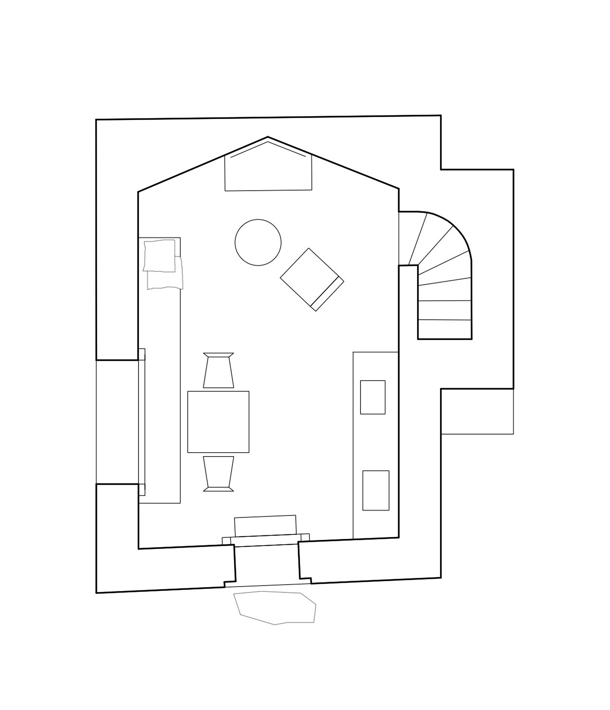 План кухни на втором этаже дома с камином