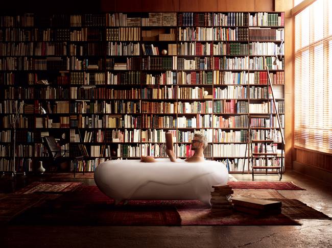 Дизайн тонкого дома: ванная в библиотеке