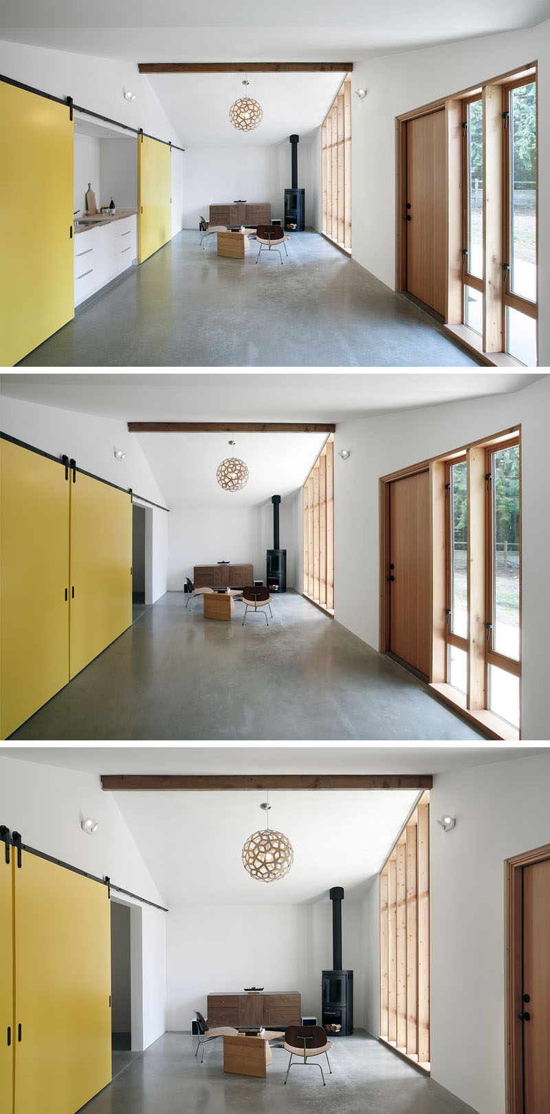 Ярко-жёлтые двери, отделяющие кухню от гостиной в доме