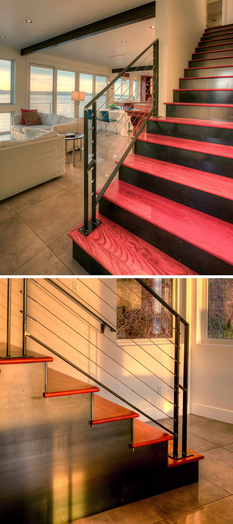 Яркая лестница с розовыми ступеньками в дизайне современного коттеджа