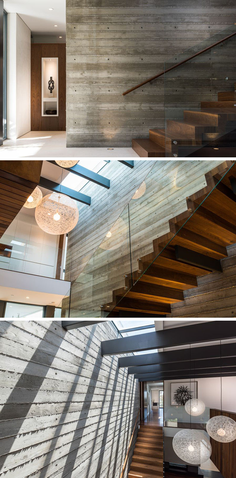 Деревянные лестница со стеклянными перилами в доме в Калифорнии