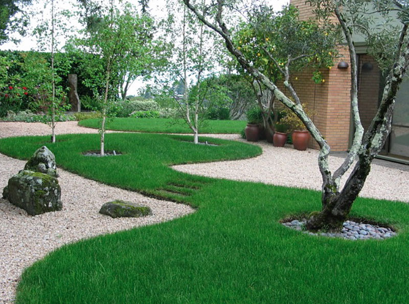 Вариант ландшафтного дизайна загородного дома - зелёная трава и дорога из мелких камней