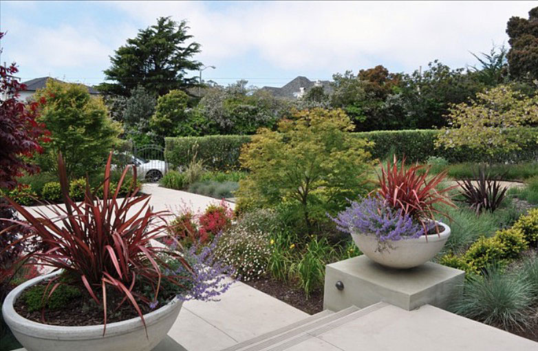 Вариант ландшафтного дизайна загородного дома -  белые чаши с яркими растениями перед входом